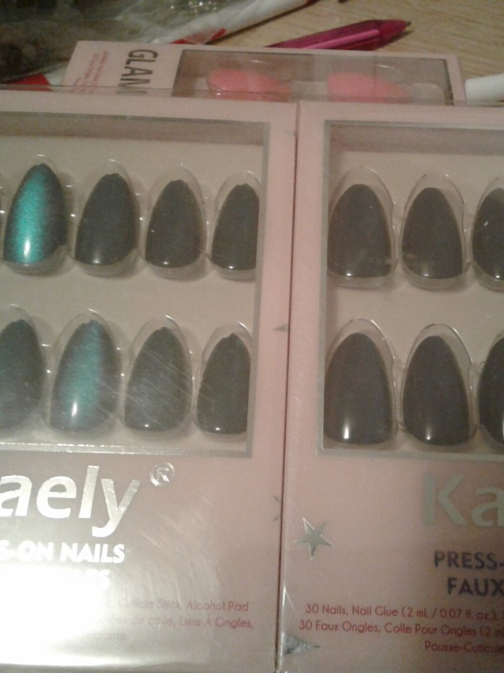Teal & Navy Cat Eye Finish Short Length Almond Shape Nails 2-30pc Kits NIP